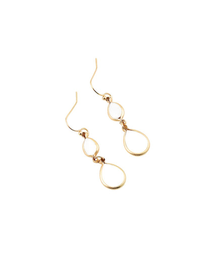 A pair of gold-tone dangle earrings with a double-ring design and fishhook backs, shown on a plain white background.