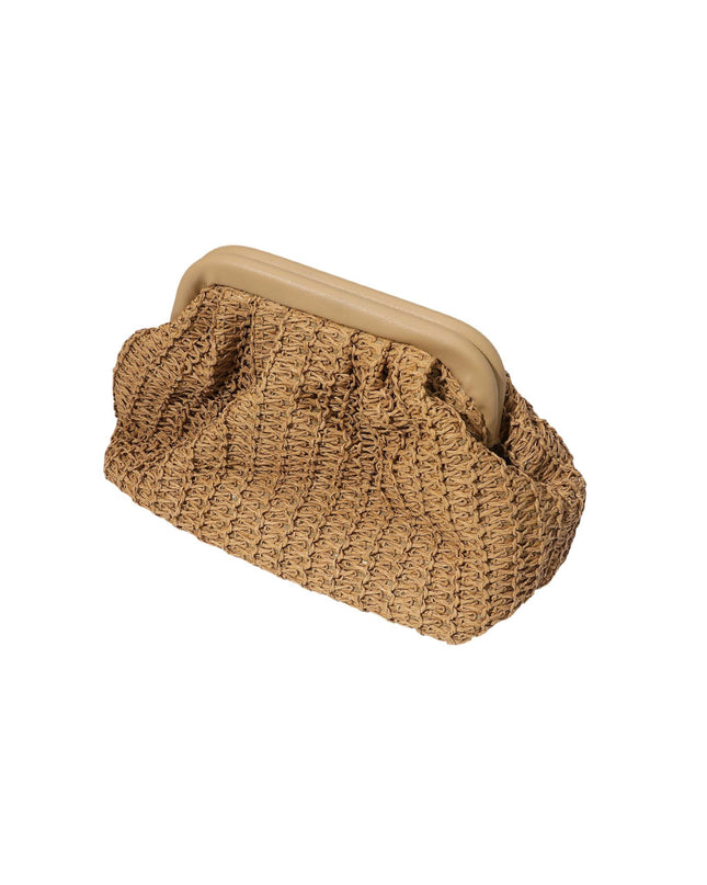Brown woven clutch bag on a white background
