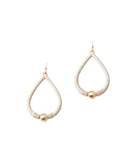A pair of teardrop-shaped dangle earrings with textured off-white woven bands, gold-tone wire wrapping, and a small round gold bead at the bottom, shown on a plain white background.
