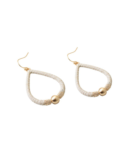 A pair of teardrop-shaped dangle earrings featuring textured off-white woven rope and polished gold-tone metal details, including a small gold bead and a gold fishhook ear wire, shown on a plain white background.