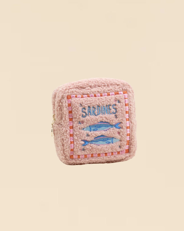 Textile product with 'Sardines' text and fish illustrations on a beige background