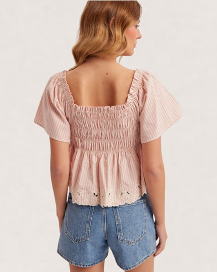 Square Neck Short Sleeve Smocked Striped Embroidered Eyelet Hem Top Pink
