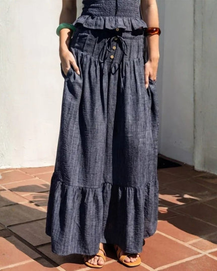High Waist Drawstring Smocked Back Denim Maxi Skirt