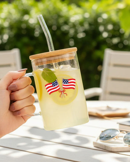 American Flags Square Glass Cup With Lid 20 oz