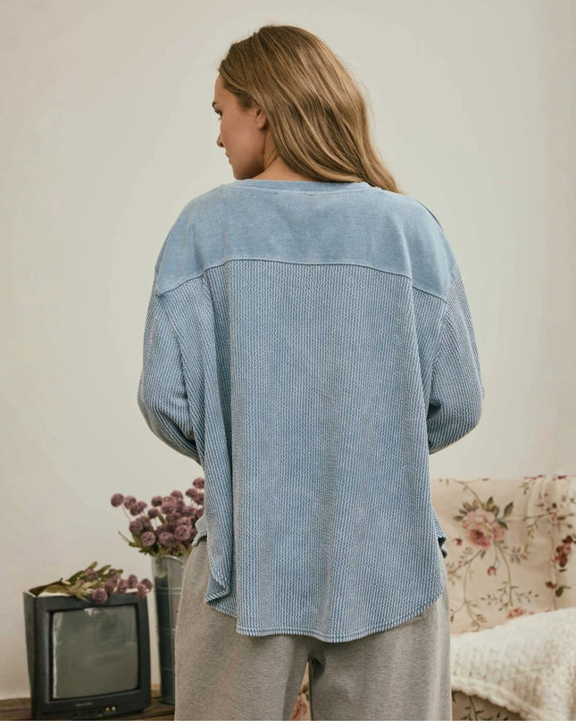 Boxy Textured Patch Elbow Long Sleeve Top