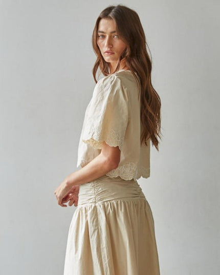 Tuscany V Neck Embroidered Short Sleeve Top