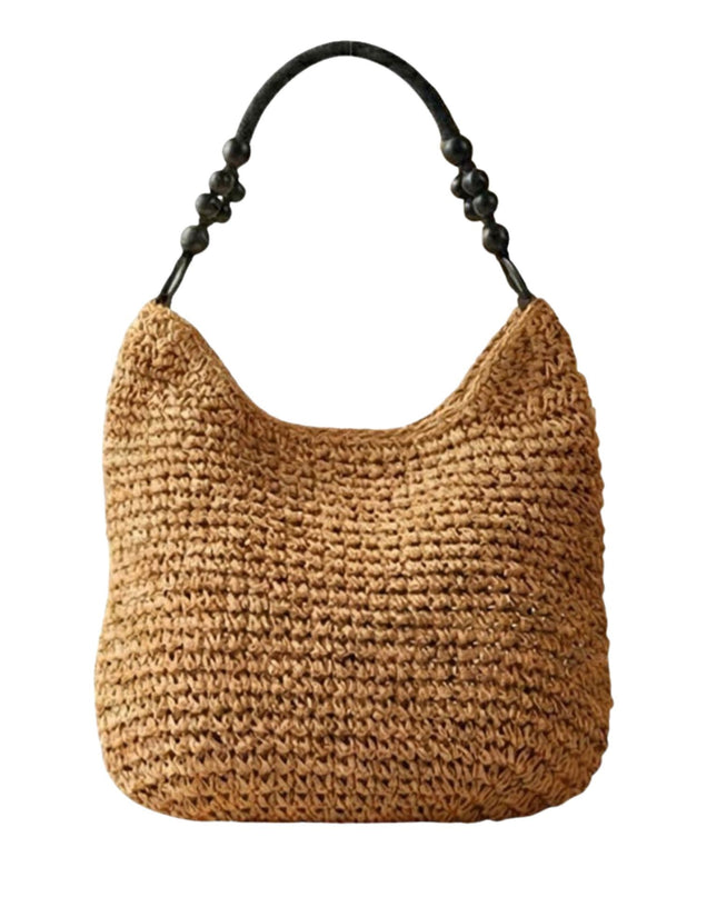 Beaded Handle Raffia Woven Shoulder Tote Bag