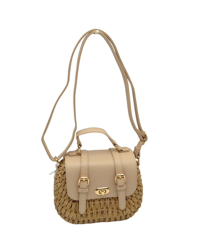 Square Double Buckle Vegan Leather Closure Straw Shoulder Bag