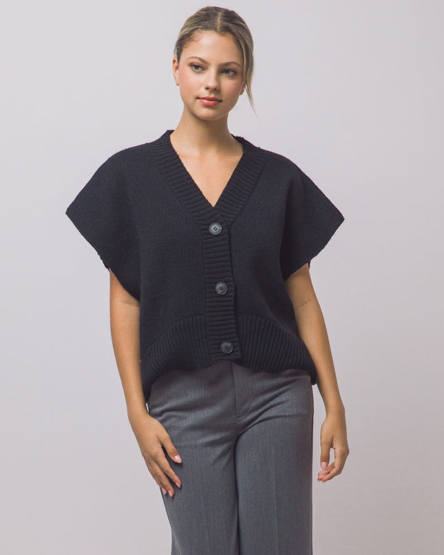 Ribbed Trim Sleeveless 3 Button Down Cardigan Sweater