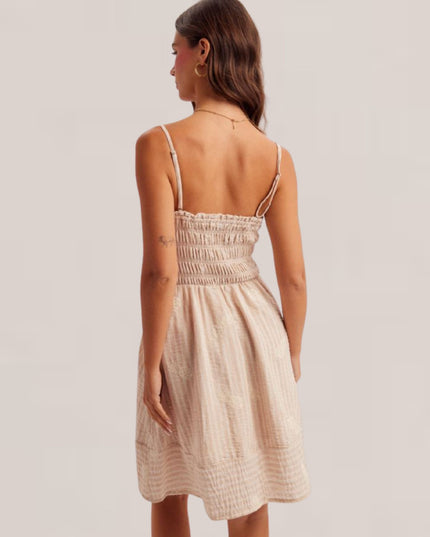 Smocked Striped Pineapple Embroidered Spaghetti Strap Mini Dress