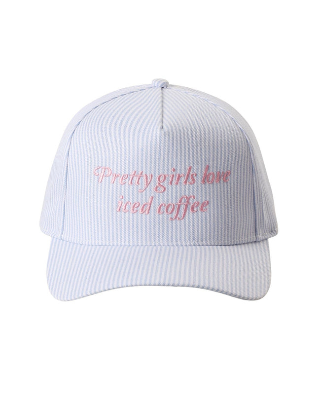 Pretty Girls Love Iced Coffee Embroidered Seersucker Striped Trucker Hat