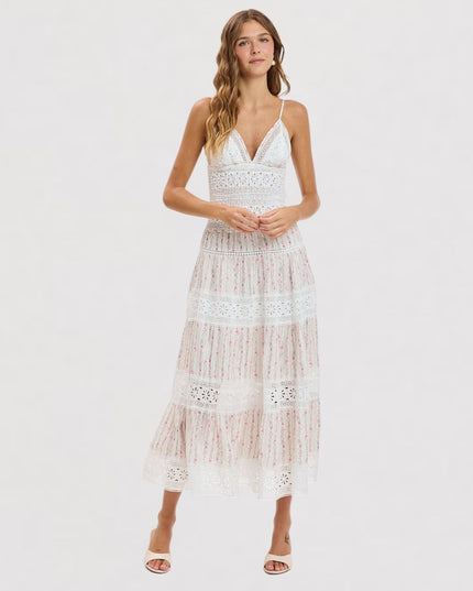 Breezy Floral Stripe Embossed Lace Spaghetti Strap Midi Dress