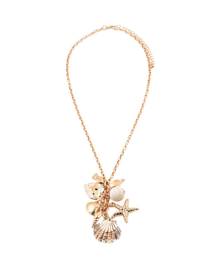 Clam Shell Metal Seashell Heart Thread Ball Cluster Charm Chain Link Necklace