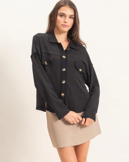 Patch Pockets Textured Button Up Collared Top