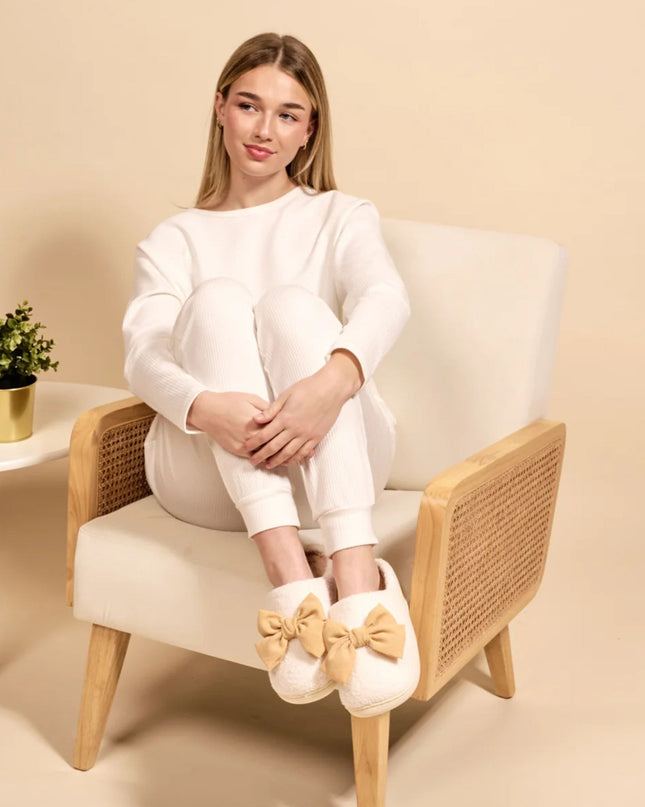 Tan Betty Bow Fuzzy Slippers