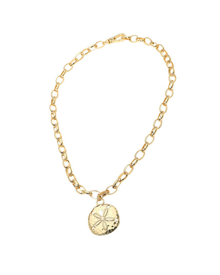 Sand Dollar Pendant Hammered Metal Chunky Chain Necklace