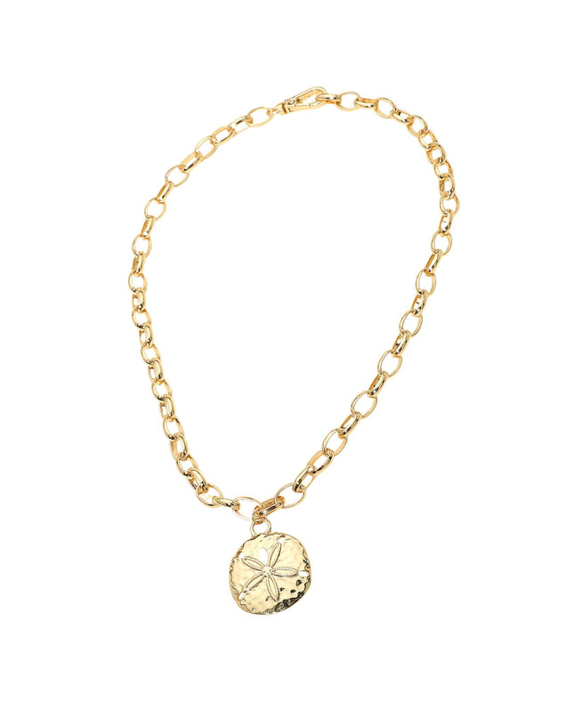 Sand Dollar Pendant Hammered Metal Chunky Chain Necklace