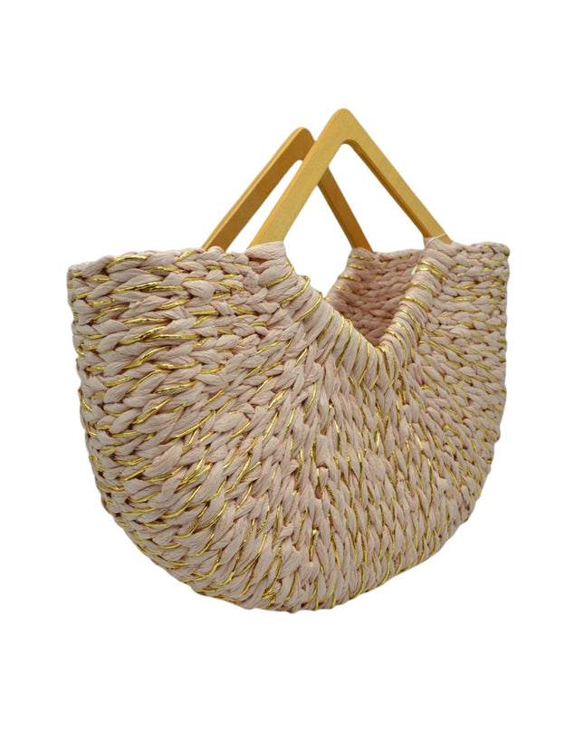 Large Straw Wood Point Handle Tote