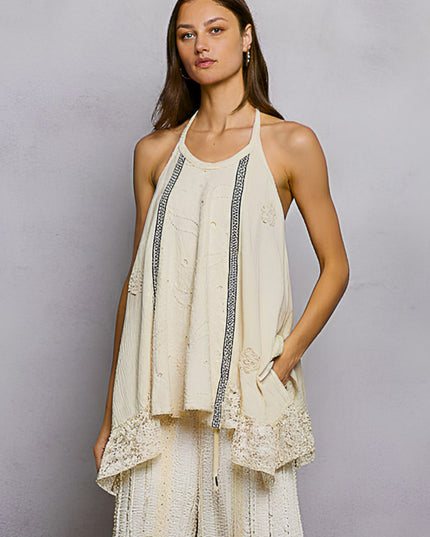 Halter Neck Gauze Crochet Patch Lace Ruffle Top