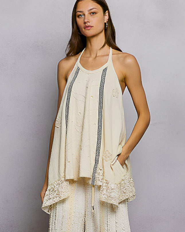 Halter Neck Gauze Crochet Patch Lace Ruffle Top