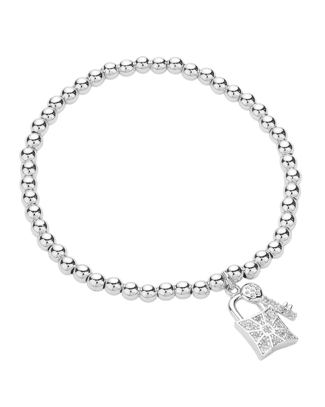Paved Stone Lock & Key Charm Metal Ball Bead Bracelet