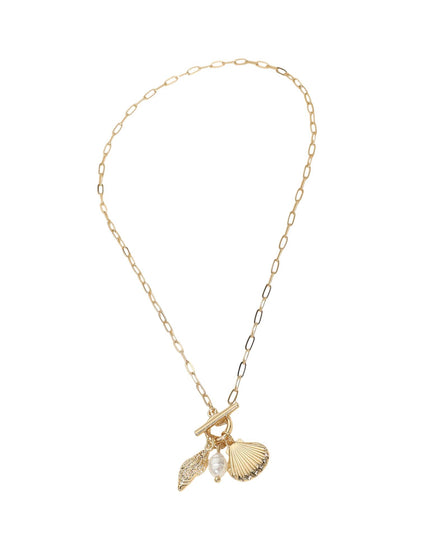 Seashell Pearl Charm Toggle Paperclip Chain Necklace