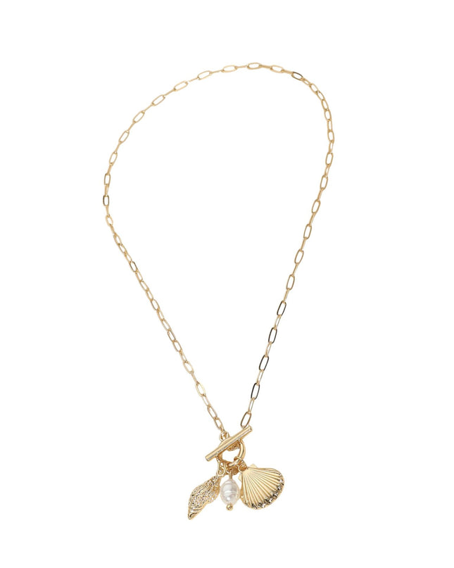 Seashell Pearl Charm Toggle Paperclip Chain Necklace