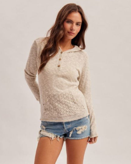 Crochet Back Front Pocket Henley Hooded Sweater