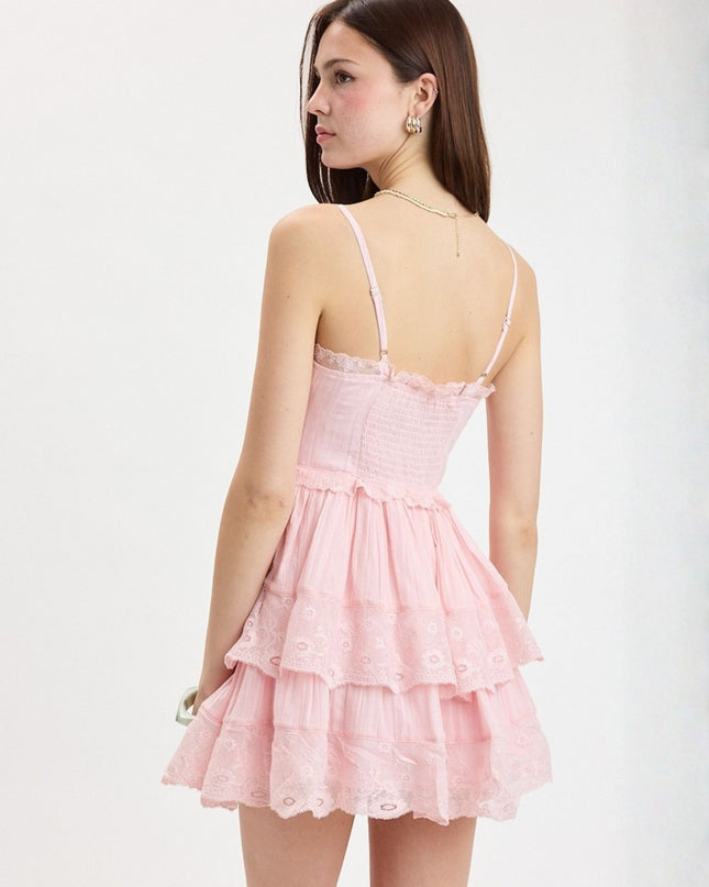 Solid Hook & Eyes Layered Floral Lace Mini Dress