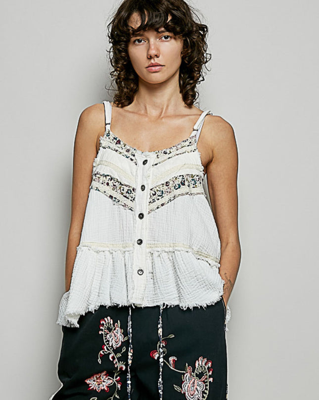 Gauze Contrast Floral Lace Flowy Spaghetti Strap Top