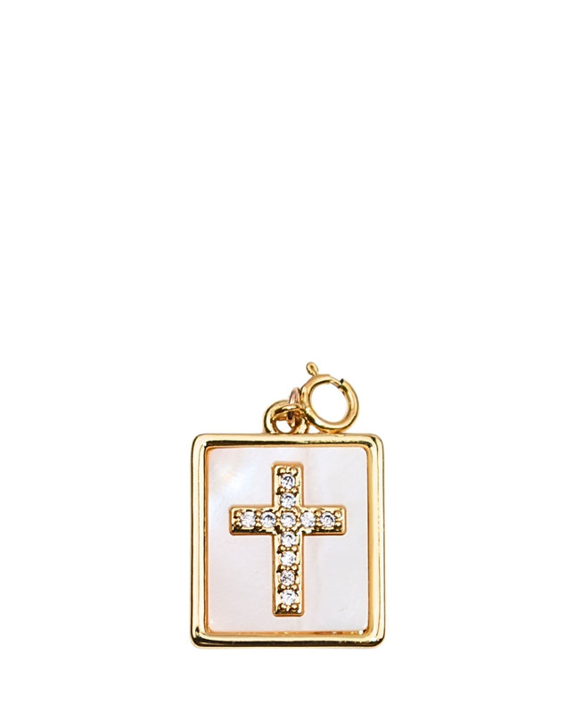 Cross Inlay Rectangle White Shell Gold Charm