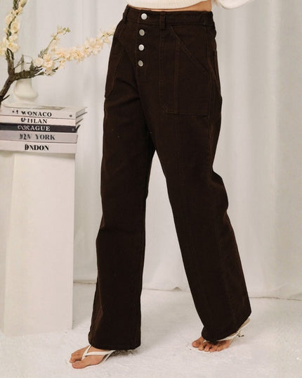 Button Front Straight Leg Elastic Back Waistband Denim Jeans