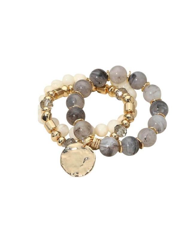 Hammered Metal Disc Charm Beaded Stretch Layered 3 Bracelet Set