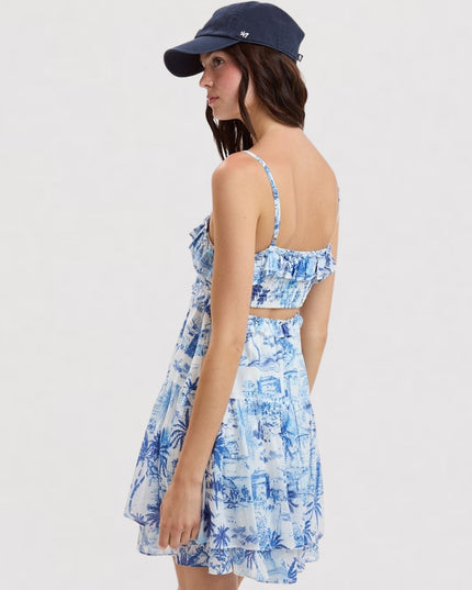 Palm Tree Print Back Cut Out Double Layered Mini Dress