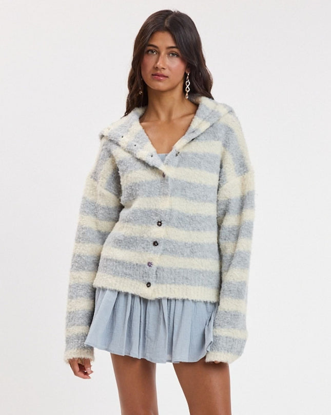 Wide Stripe Mock Neck Button Down Cardigan Sweater