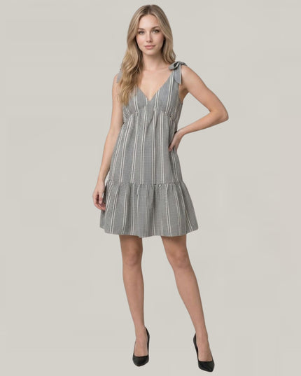 Jacquard Gingham Tie Shoulder V Neck Mini Dress
