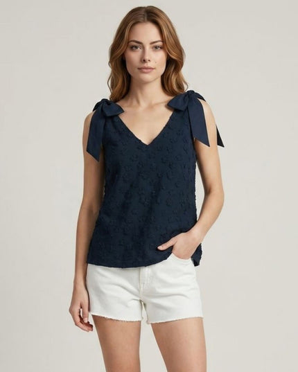 Tie Ribbon Shoulder Textured Tonal Floral V Neck Top