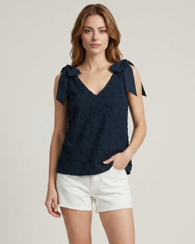 Tie Ribbon Shoulder Textured Tonal Floral V Neck Top