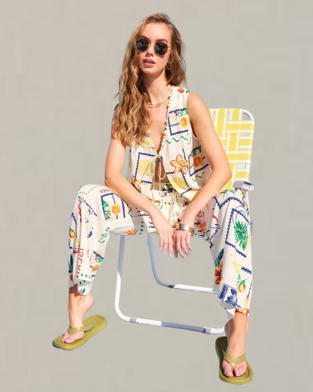 Tie Front Island Summer Print Sleeveless Top
