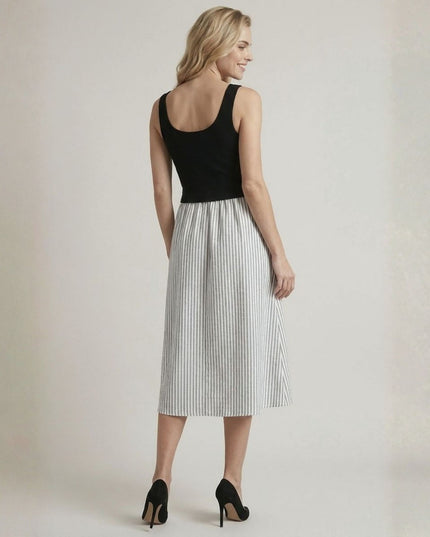Twofer Striped Skirt Solid Tank Top Midi Dress