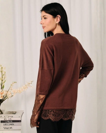 Lace Trim Sleeves V Neck Sweater
