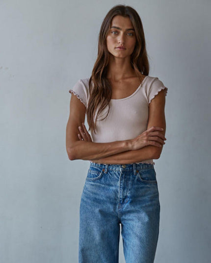 Merrow Ruffle Edge Ribbed Cap Sleeve Crop Top