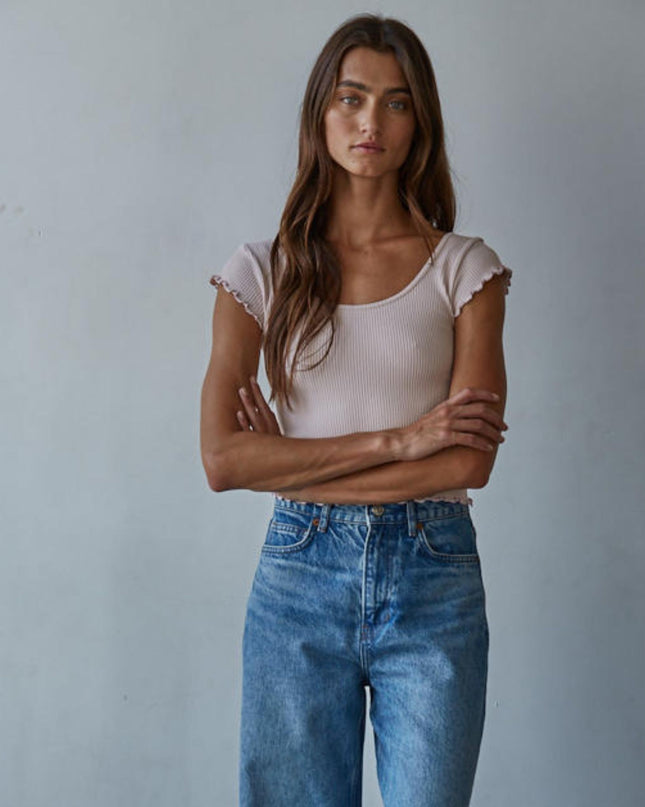 Merrow Ruffle Edge Ribbed Cap Sleeve Crop Top