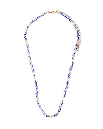 White Blue Stripe Beaded Pearl Metal Bead Necklace
