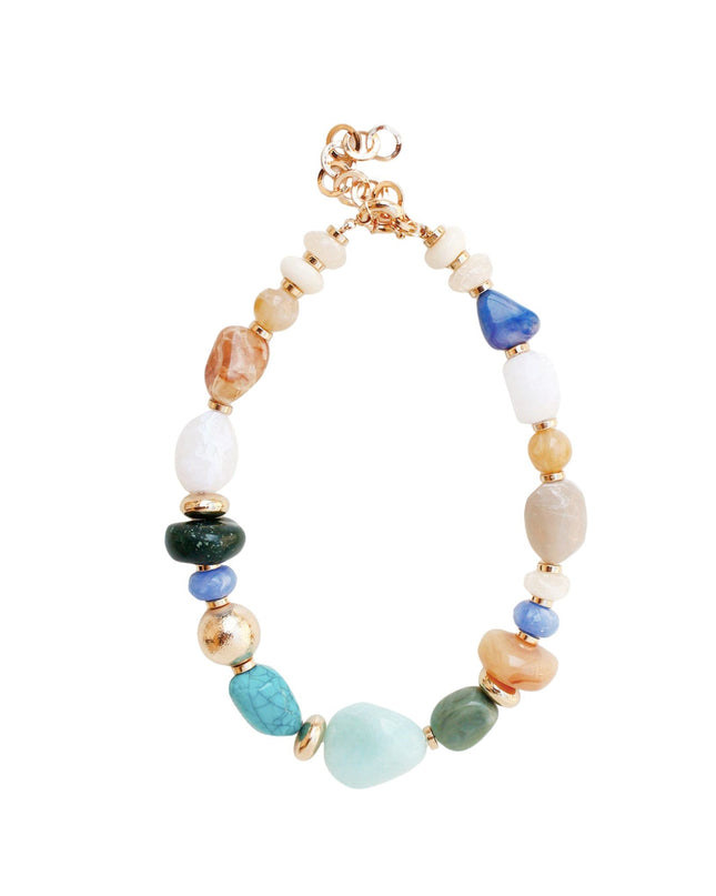 Chunky Mixed Natural Stone Gold Disc Beaded Necklace
