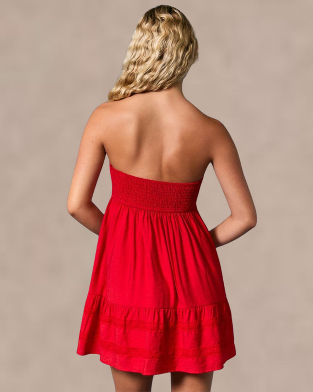 Lace Trim Strapless Babydoll Mini Dress