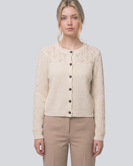 Pointelle Knit Sleeve Contrast Ribbed Button Down Cardigan Sweater