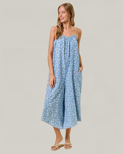 Floral Printed Chambray Denim Jumpsuit