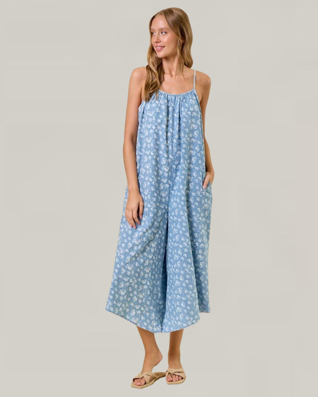Floral Printed Chambray Denim Jumpsuit