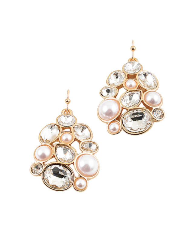 Teardrop Pearl Crystal Stone Cluster Earrings